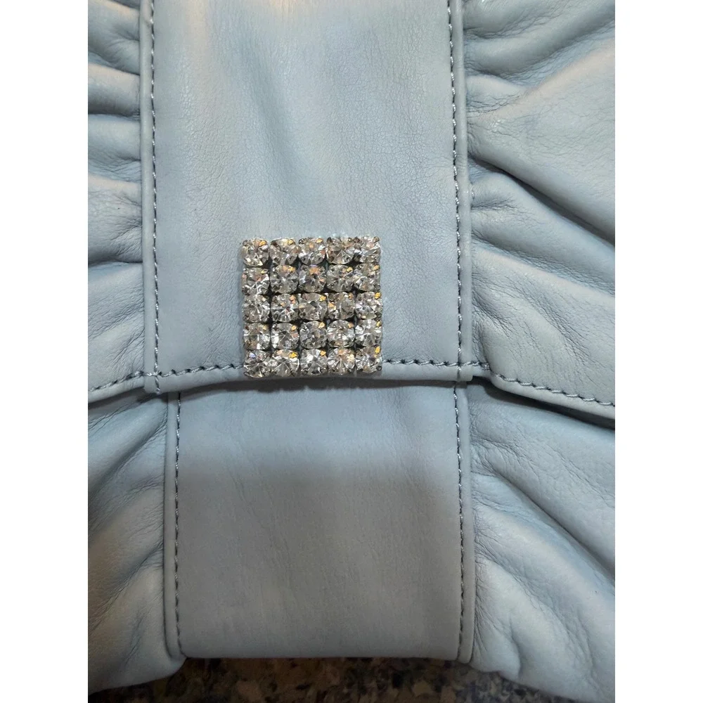 Banana Republic Light Blue Leather Bow Clutch Rhinestone Buckle Evening Bag